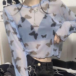 Butterfly Print Mesh Crop Top Sky Blue - One Size