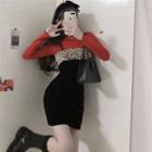 Mock-neck T-shirt / Spaghetti Strap Leopard Print Panel Mini Sheath Dress