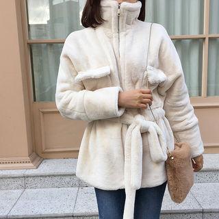 Zip-up Faux-fur Jacket With Sash