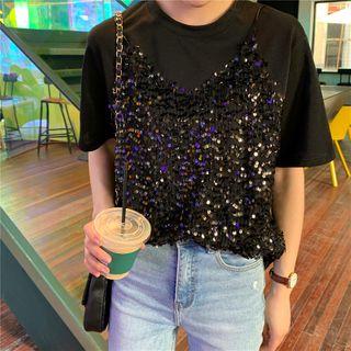 Glitter Mock Two Piece Short-sleeve T-shirt