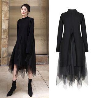 Set: Mock-turtleneck Slit Sweater + A-line Midi Mesh Skirt
