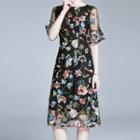 Short-sleeve Floral Mesh Dress