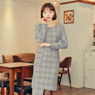 Asymmetric-hem Glen-plaid Dress
