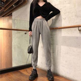 Long-sleeve Velvet Crop Top / Lettering Harem Pants