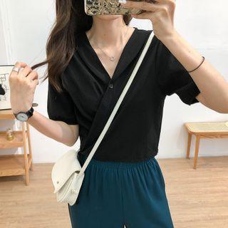 Short-sleeve V-neck Tie-hem Cropped Blouse