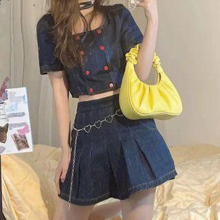 Short-sleeve Double Breasted Denim Top / Pleated Skirt