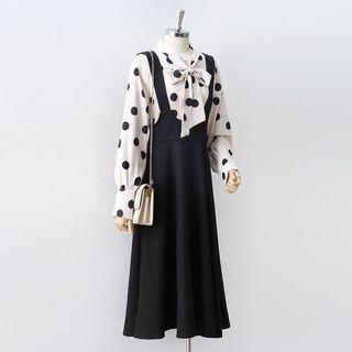 Set: Tie Neck Blouse + Suspender Midi A-line Dress