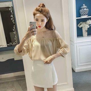 Mesh Panel Off-shoulder Elbow-sleeve Chiffon Top