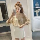 Mesh Panel Off-shoulder Elbow-sleeve Chiffon Top
