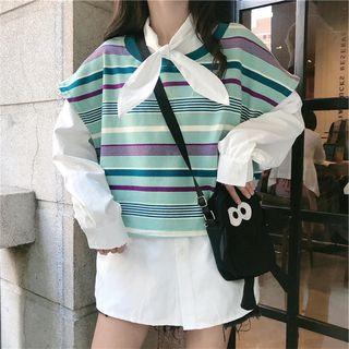 Long-sleeve Tie-neck Plain Shirt / Striped Vest