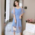 Elbow-sleeve Cold-shoulder Midi A-line Mesh Dress