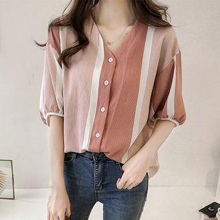 Elbow-sleeve Striped V-neck Buttoned Blouse