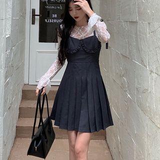 Set: Long-sleeve Lace Top + Tie-strap Pleated Mini A-line Dress