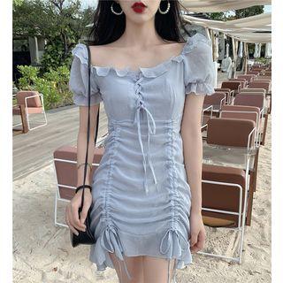 Puff-sleeve Frill Trim Drawstring Mini Sheath Dress