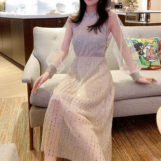 Mesh-panel Glitter Long-sleeve Dress