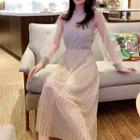 Mesh-panel Glitter Long-sleeve Dress