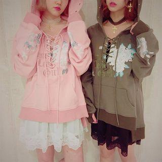 Embroidered Lace Up Hoodie