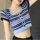 Short-sleeve Square-neck Striped Crop Knit Top