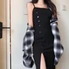 Spaghetti Strap Slit Midi A-line Dress / Plaid Crop Shirt