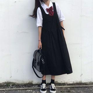 Elbow-sleeve Tie-neck Shirt / Midi A-line Jumper Dress