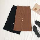 Slit-front Buttoned Knit Midi Skirt