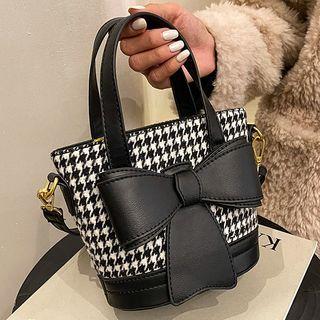 Faux Leather Houndstooth Bow Bucket Bag