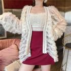 Lace Camisole Top / Open Front Jacket / High-waist Mini A-line Skirt