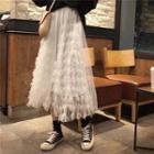 Feather-detail Mesh Overlay Skirt White - One Size