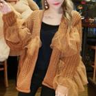 Plain Mesh Ruffled-trim Panel Long-sleeve Knit Cardigan Khaki - One Size