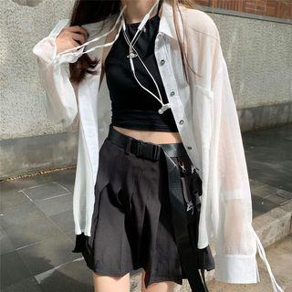 Sheer Panel Shirt / Pleated Skirt