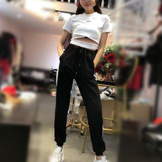Set: Short-sleeve Cut Out Crop Top + Contrast-trim Jogger Pants