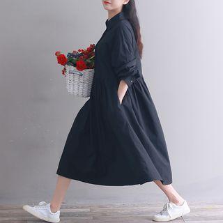 Plain Long-sleeve Midi A-line Shirtdress