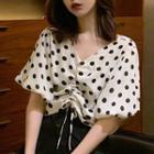 Polka Dot Drawstring Blouse As Shown In Figure - One Size