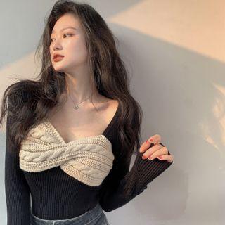 Long-sleeve Cable-knit Two-tone Slim-fit Knit Top