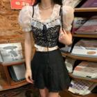 Short-sleeve Lace Trim Blouse / Flower Print Cropped Camisole Top / Mini Pleated Skirt