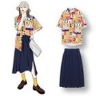 Flower Print Short-sleeve Shirt / Midi A-line Skirt