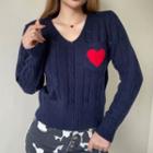 Long Sleeve V-neck Heart Print Cable-knit Sweater