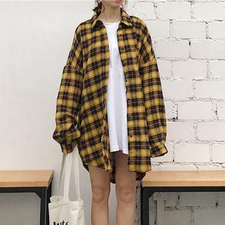 Plaid Long-sleeve Blouse 9016 - White - One Size