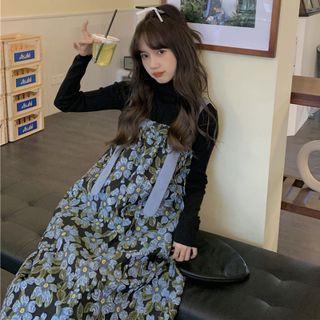 Flower Print Midi Overall Dress Blue Flower - Black - One Size