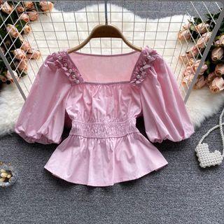 Square-neck Faux Pearl Puff-sleeve Top