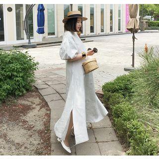 Puff-sleeve Striped Linen Long Dress