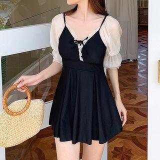 Elbow-sleeve Two-tone Swim Dress