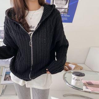Drop-shoulder Hooded Zip-up Cardigan