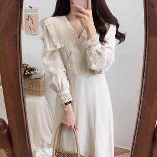 Long-sleeve Wide-collar Lace Trim Midi A-line Dress