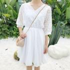 Elbow-sleeve Eyelet Lace Panel A-line Dress