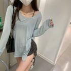 Long-sleeve Side-slit T-shirt Gray - One Size