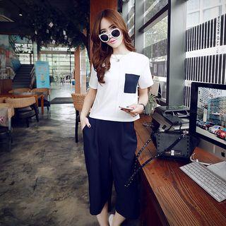 Set: Color Block Short-sleeve T-shirt + Wide Leg Capri Pants