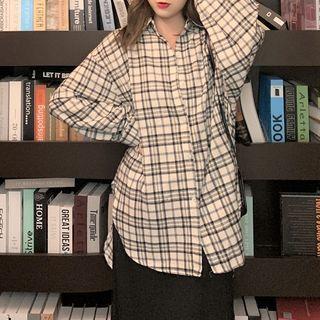 Plaid Shirt / Spaghetti Strap Plain Midi Dress