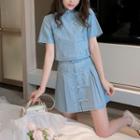 Set: Short-sleeve Denim Qipao Top + Frog-button Mini A-line Skirt