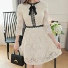 Contrast-trim Lace Dress With Brooch